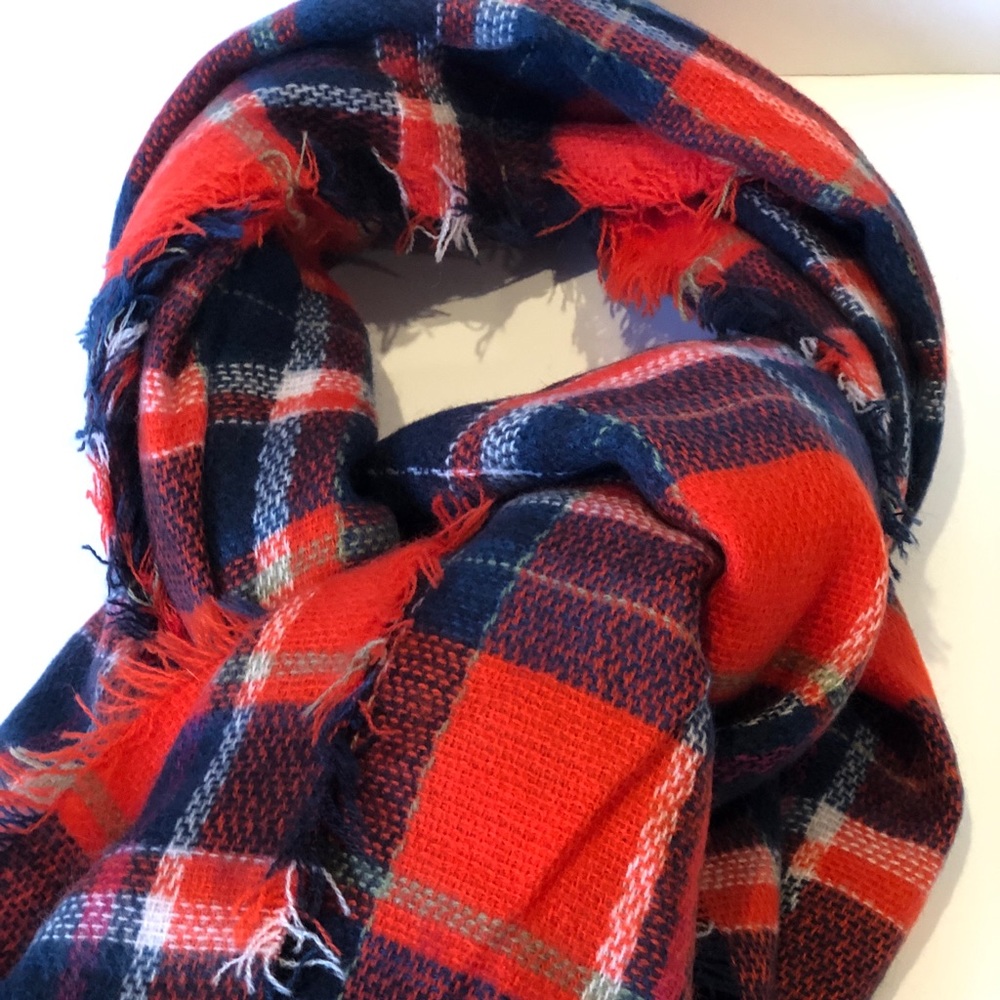 Red, white, blue, flannel scarf.